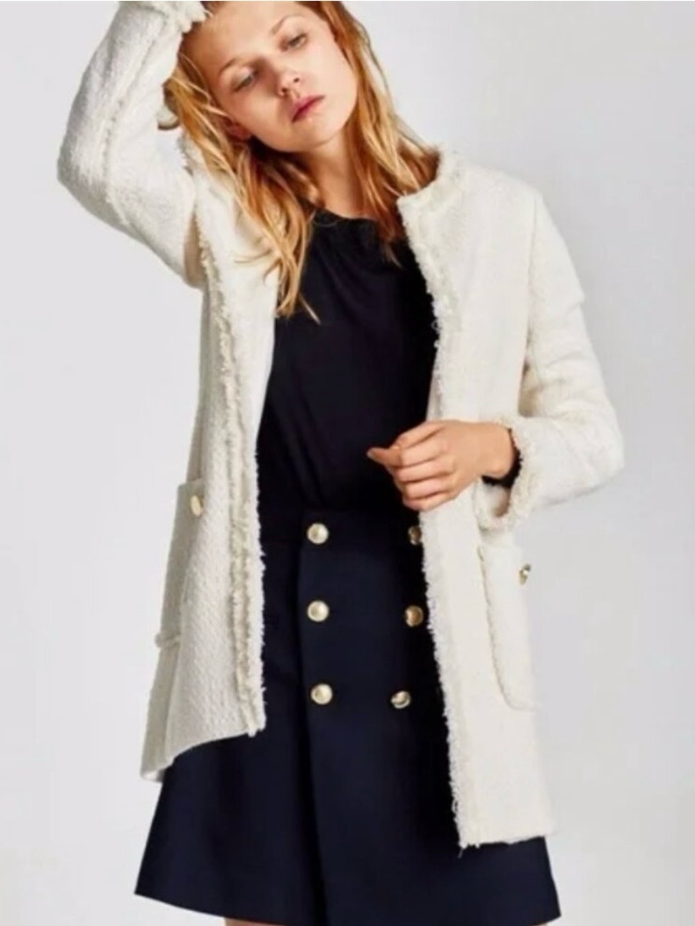 Zara Cream Bouclé Open-Front Blazer Jacket